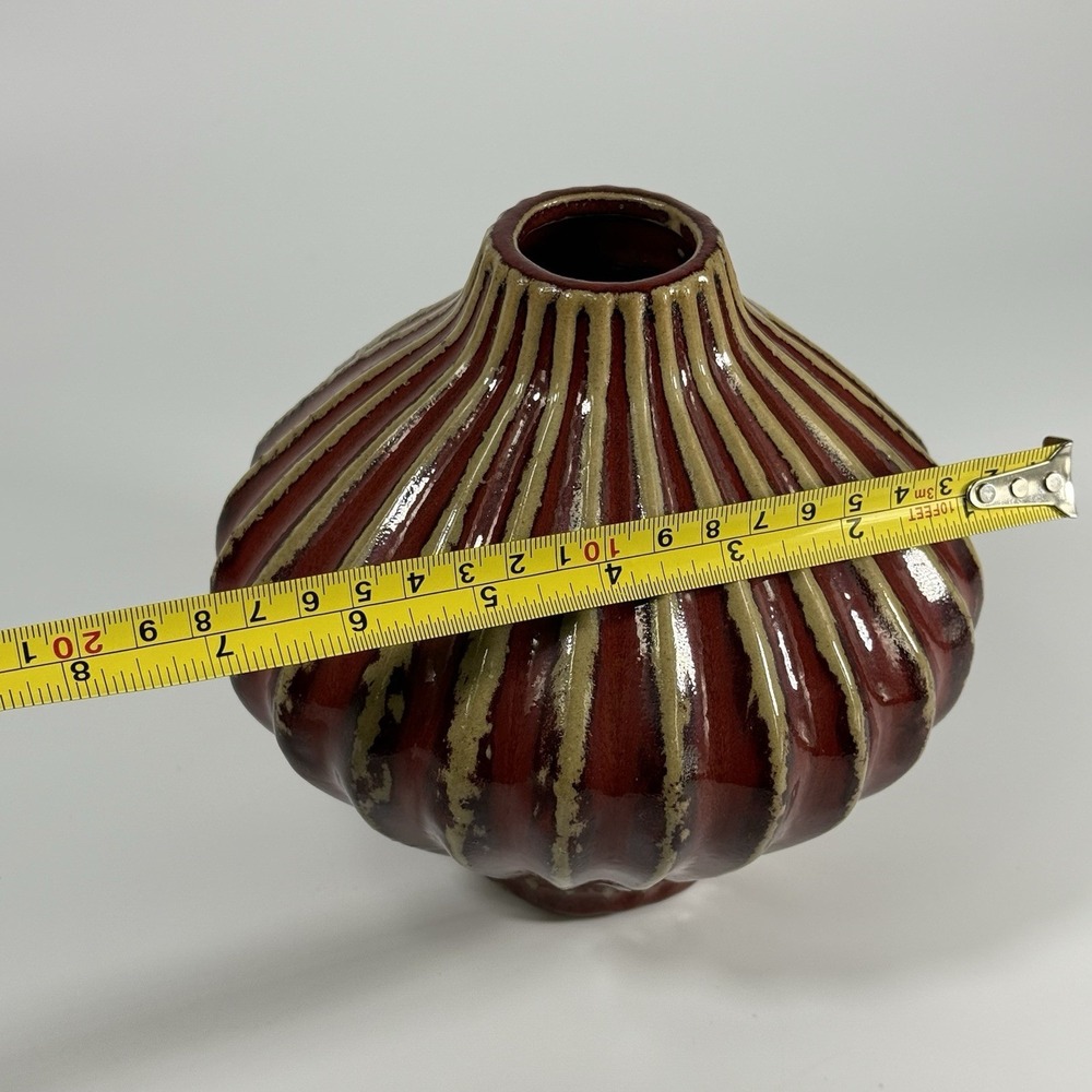 Global Views Art Pottery Decorative Vase Red Glazed Ribbed Mid Century Modern - Picture 8 of 9